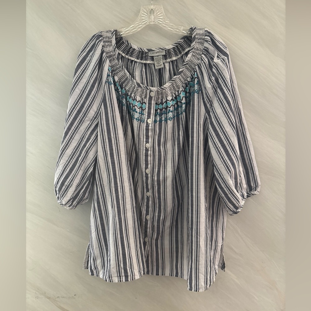 Catherines Shirt Women 2X Blue Stripe Boho Shirred Embroidered Tunic Comfy Beach